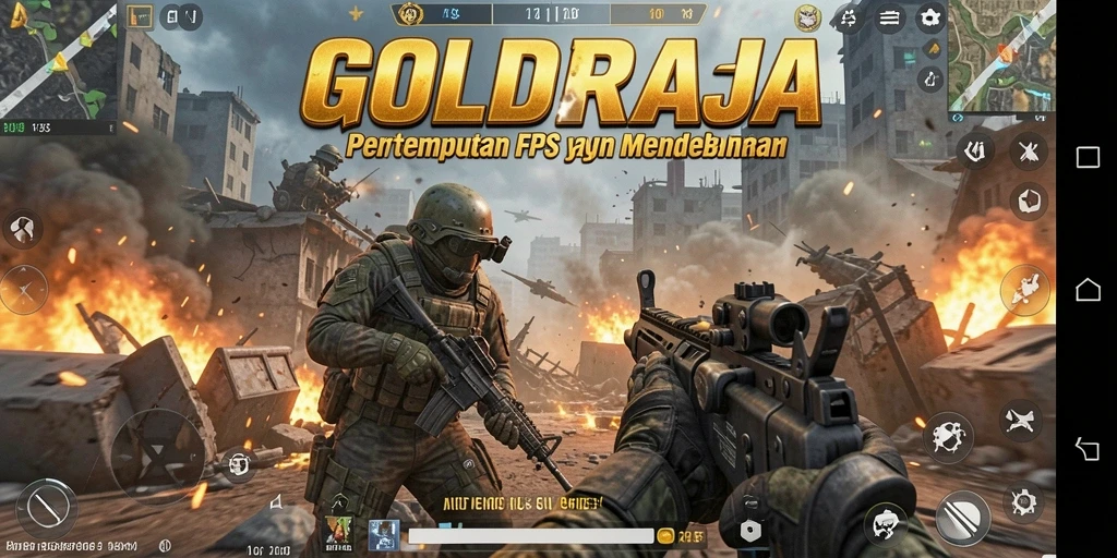 Screenshot gameplay <strong>GOLDRAJA</strong> dengan aksi tembak-menembak yang intens.