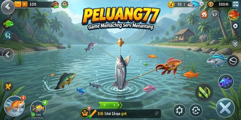 Tampilan gameplay PELUANG77 saat memancing di danau yang tenang.