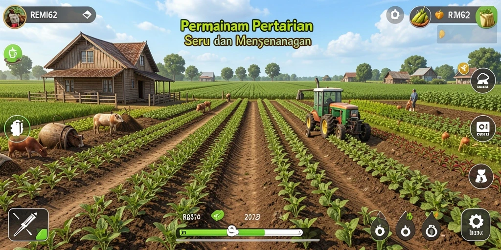 Screenshot gameplay dari REMI62 yang menampilkan aktivitas bertani.